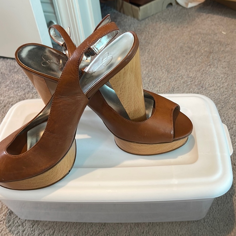 Brown leather sling back platform heels